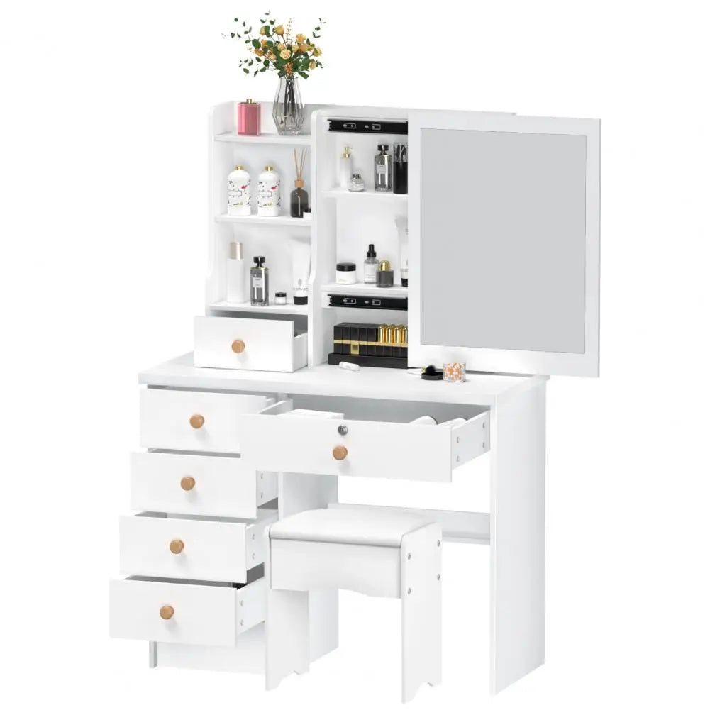 Makeup Vanities Vanity Desk with Sliding Mirror, Bedroom Dressing Table, Makeup Desk with 6 Drawers Bedroom Furniture