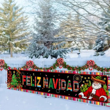VIKAMA Merry Christmas Banner, Party Supplies, Spanish Merry Christmas, Garden Party Background Decoration, Holiday Fence Banner