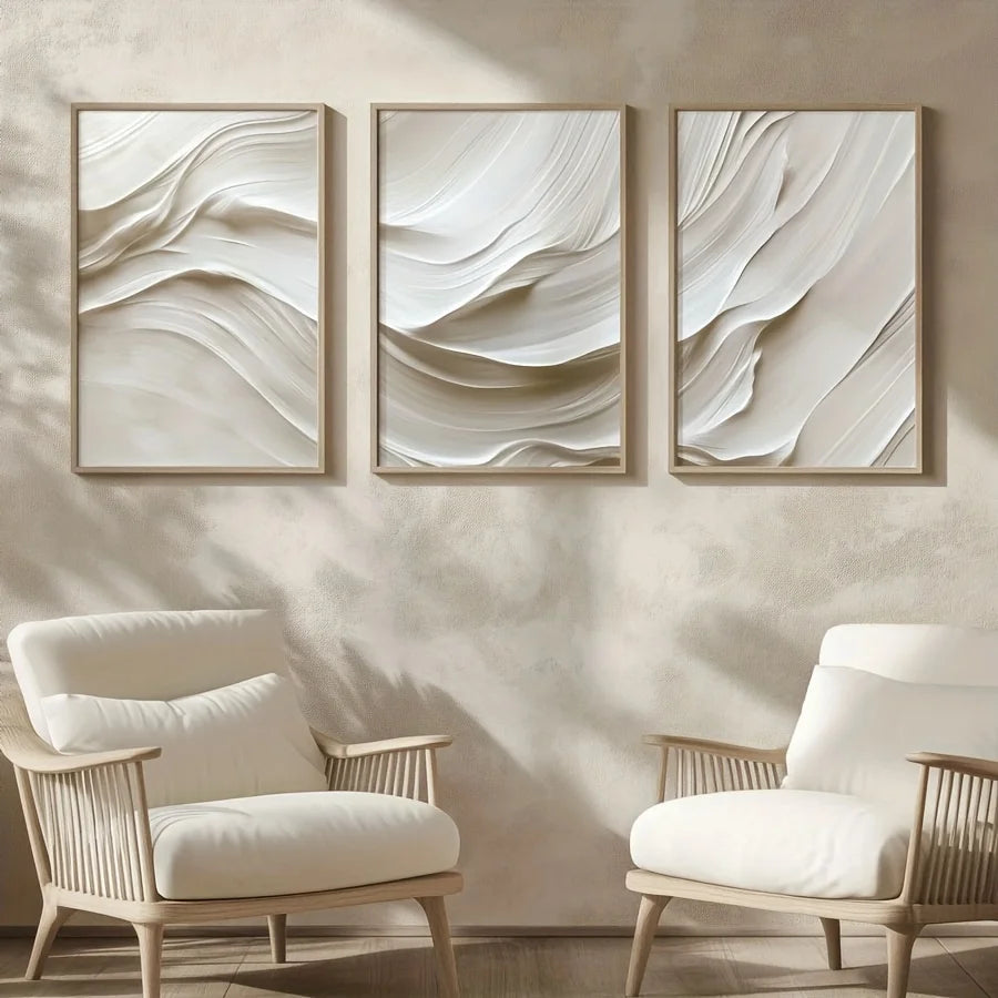 3pcs/set Neutral Beige Soft Tone Simple Canvas Print White Wave Abstract Wall Art Poster Modern Living Room Bedroom Home Decor