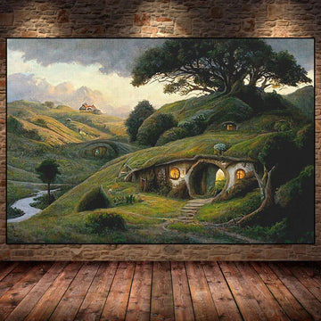 The S-Shire Canvas Painting H-Hobbit Hole Landscape Poster Cozy Earth Halfling House Wall Art for Living Room Home Decor Mural