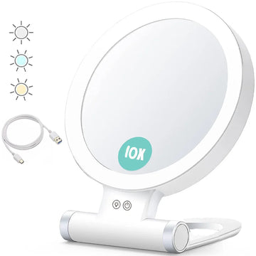 Portable Rechargeable Makeup Mirror with Lighting 1X/10X Magnifying Mirror Foldable Double-Sided Desktop LED Makeup Mirror