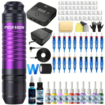 POSEIDON Tattoo Kit Purple Series Tattoo Machine Kit High Quality 20Pcs Tattoo Needles Wired Tattoo Power Supply Tattoo Pen Kit