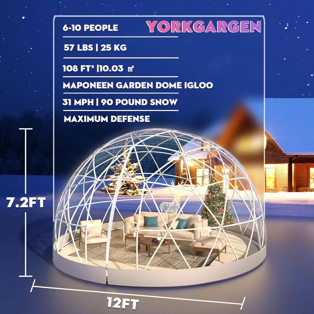 12*7.2FT Garden Dome Igloo, Outdoor PVC Bubble Tent Dome for 4-8 Person, Greenhouse Garden Igloo with Window, Waterproof Clear D