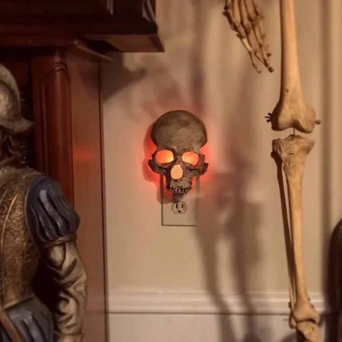 Novelty Halloween Unique Night Lamp Gothic Skull Skeleton Lamp Plug Into Wall Adjustable Brightness Nightlight For Home Bedroom