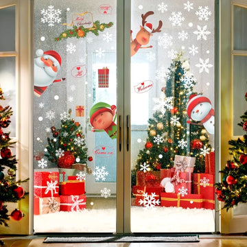 1Set Christmas Snowflake Window Clings Stickers For Glass, Xmas Decals Decorations Holiday Snowflake Santa Claus Reindeer Decals