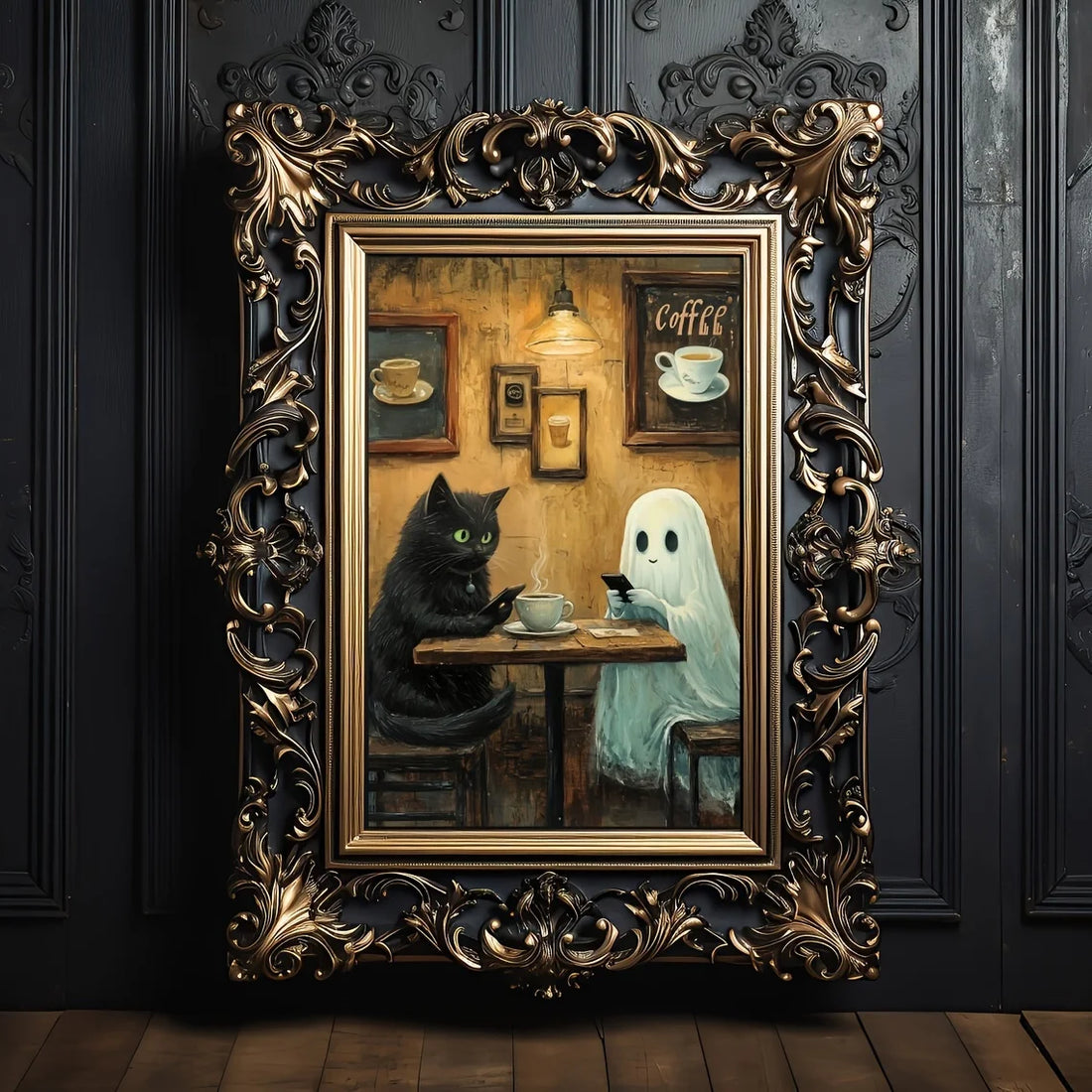 Weird Black Cat Ghost in Coffee Shop Canvas Print Whimsical Halloween Wall Art Poster for Modern Living Room Bedroom Home Decor