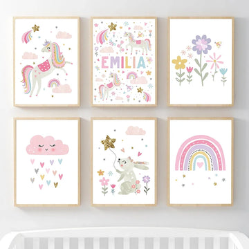 Pink Unicorn Rabbit Rainbow Cloud Flower Nursery Wall Art Canvas Painting Posters And Prints Wall Pictures Baby Kids Room Decor