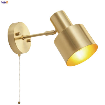 IWHD Nordic Copper LED Wall Lamp For Bedroom Sofa Living Room Bathroom Mirror Stair Light Home Decor Pull Chain Switch Wandlamp