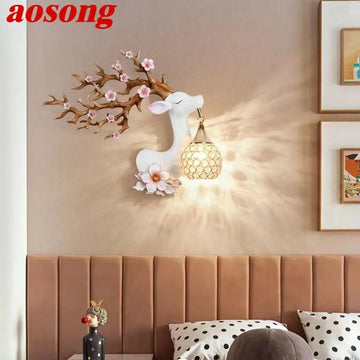 AOSONG Contemporary Deer Wall Light LED Creative Plum Blossom Decor Resin Sconce Lamp for Home Living Room Bedroom Corridor