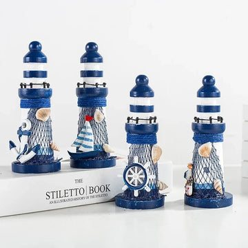 13cm 13cm Ocean Wooden Mini Lighthouse Ornament Mediterranean Style Home Decoration Wood Craft Gifts Happy Birthday Party Decor