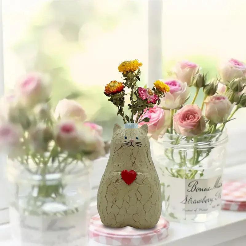 1 cute cat shaped resin vase with red heart - perfect for Valentine's Day and wedding decoration, perfect for hydroponic plants