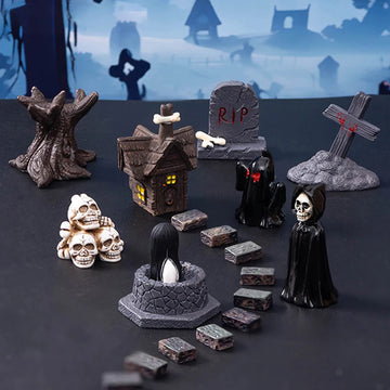 Halloween Resin Ghost Skull Tombstone Miniature Figurines Dollhouse Accessories Halloween Home Table Flower Pot Decor