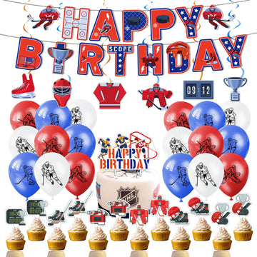 Hockey Themed Birthday Party Decorations Balloons Set Happy Birthday Banner Cake Topper Sports Theme ice hockey Party Supplies