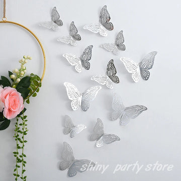 NEW 12Pcs 3D Hollow Butterfly Wall Sticker Home Decoration Kids Room Party Wedding Decor Rose Gold Butterfly Fridge DIY Stickers