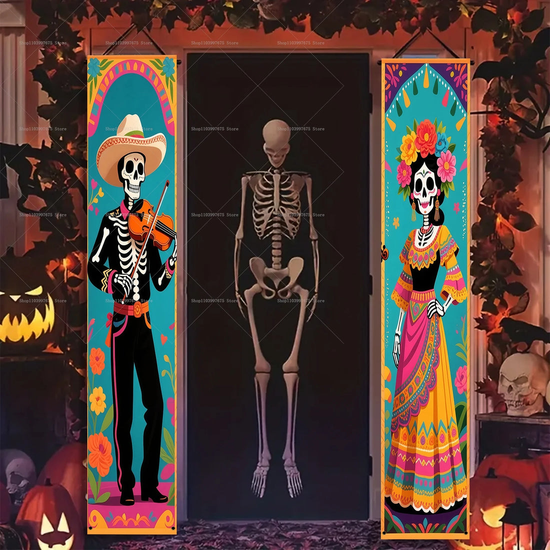 Day of The Dead Decorations Porch Signs Banners Mexican Fiesta Sugar Skull Flowers Hanging Banner Halloween Party Decor Supplies