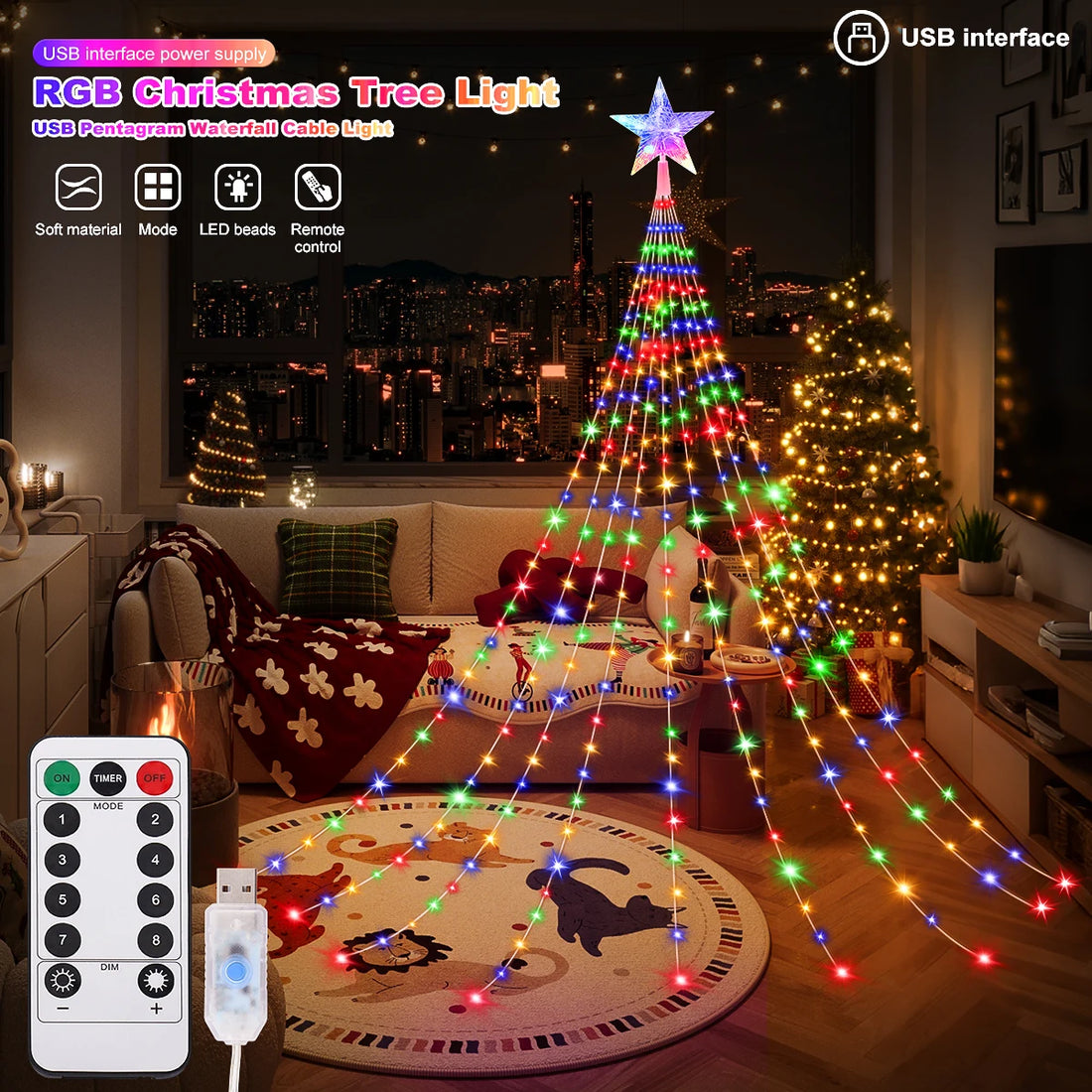 USB Powered Fairy Lights 280LED Waterproof Christmas Waterfall Lamp 8 Lighting Modes for Indoor Bedroom Wedding Tree Decorations