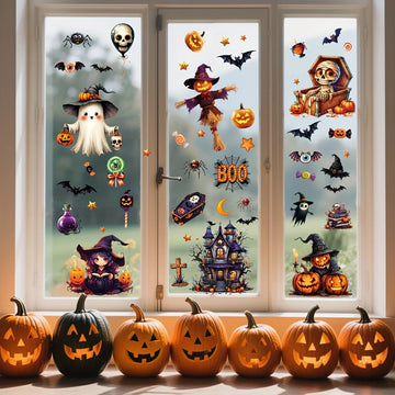 3D Halloween Window Sticker Set- PVC Static Cling Halloween Decals with Castle,Bats,Witch,Pumpkins - Reusable Double-Sided Glass