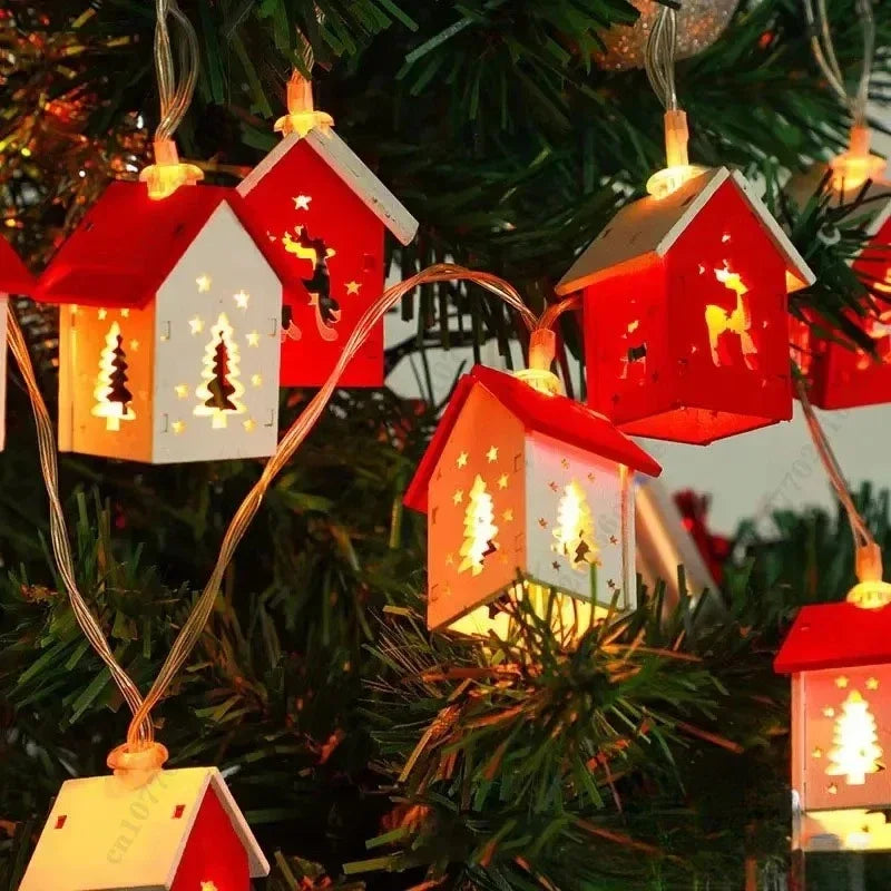 1-10PCS 1.5M Christmas Wooden House LED String Lights Elk Heart Star Shaped Decorative Lights for Christmas Tree Holiday Party
