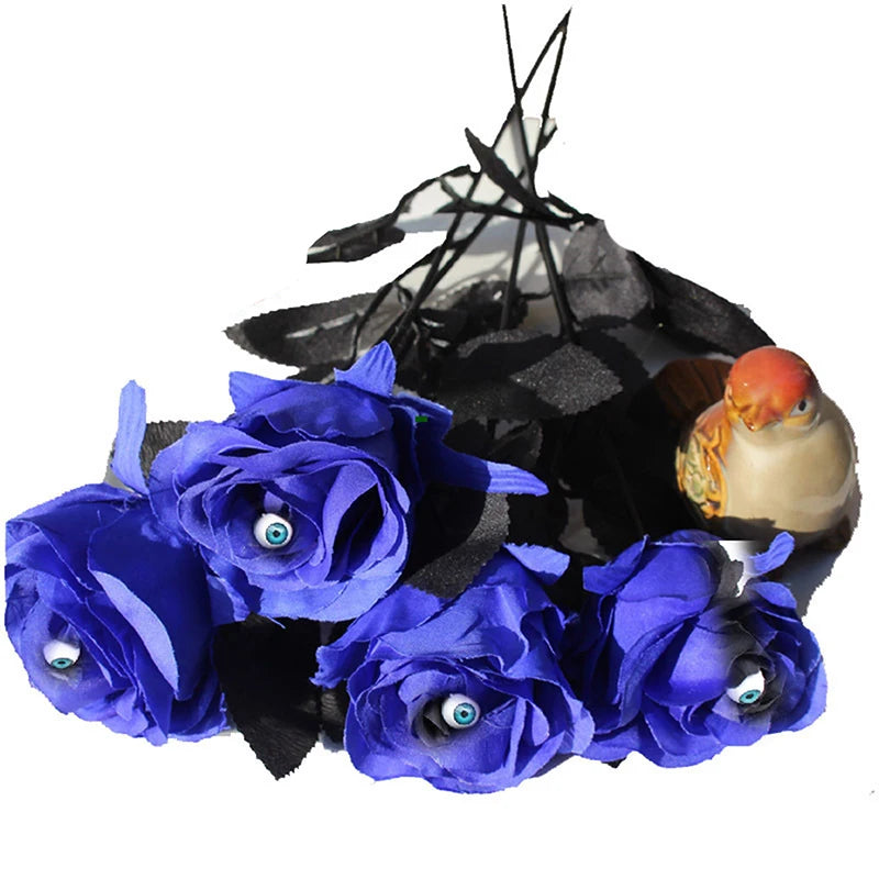 1Pc Gothic Black Rose Artificial Flower With Eyes Head Bouquet Home Halloween Decoration Horror Fake Rose Flowers