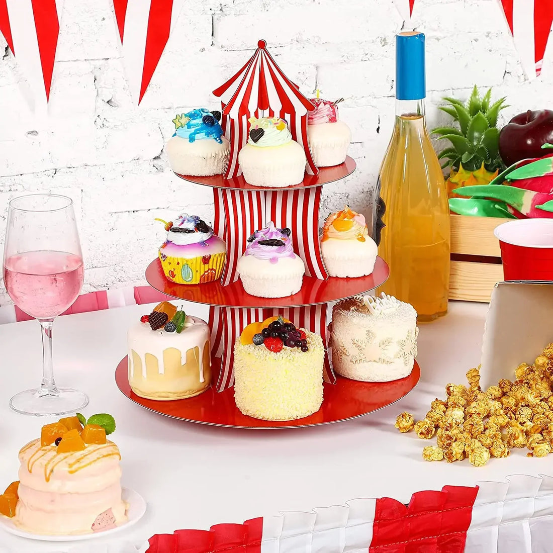 1Set 3 Tier Circus Carnival Paper Cupcake Stand Red Striped Cake Decorating Supplies Children's Day Dessert Cupcake Stand