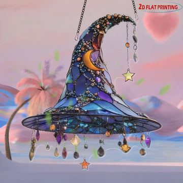 Halloween Witch Hat Ornament Blue Acrylic Hanging Decor Glow in the Dark Party Supplies Moon Star Charm Spooky Home Decoration