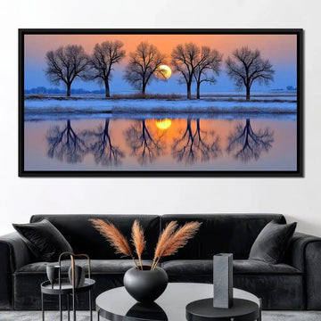 Golden Sunset Reflection Landscape Canvas Painting Winter Trees Silhouette Nature Photography Poster Living Room Wall Home Decor