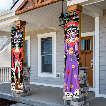 2pcs Day of The Dead Porch Sign Skull Hanging Door Banners Background Halloween Party Wall Decoration Hanging Wall Door Banner