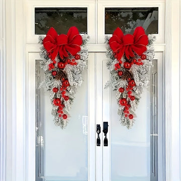 45/60cm Christmas Tree With Red Bow Christmas Ball For Front Door Window Flocking Wreath Xmas Ornaments Christmas Decorations