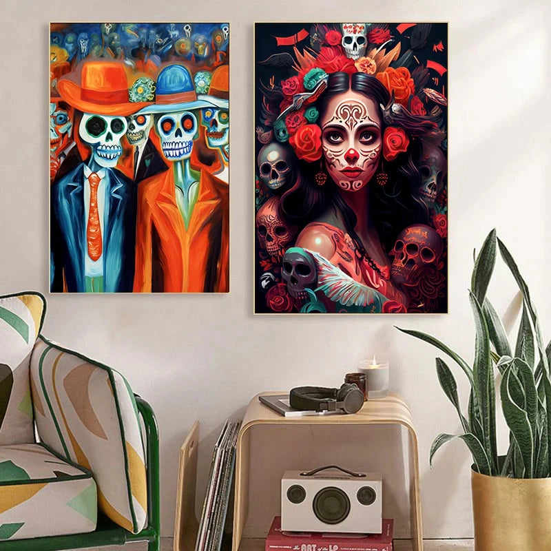 Day of The Dead Flowers and Beauty Skull Posters Prints Woman Halloween Canvas Painting Abstract Wall Art Picture Decoration