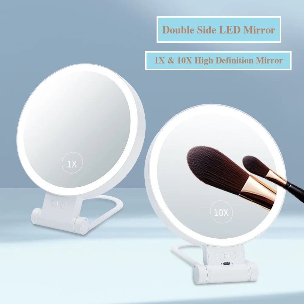 Portable Rechargeable Makeup Mirror with Lighting 1X/10X Magnifying Mirror Foldable Double-Sided Desktop LED Makeup Mirror