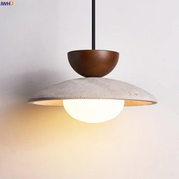 IWHD Home Decor LED Hanging Lamps Yellow Travertine Wood Dining Living Room Bedroom Mid Century Modern Pendant Light Hanglamp
