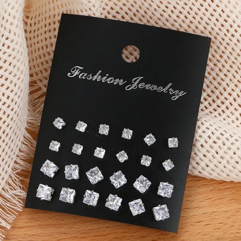 12 Pairs of Fashionable and Simple Square Zircon Earrings Set for Both Men and Women, Suitable for Daily Wear