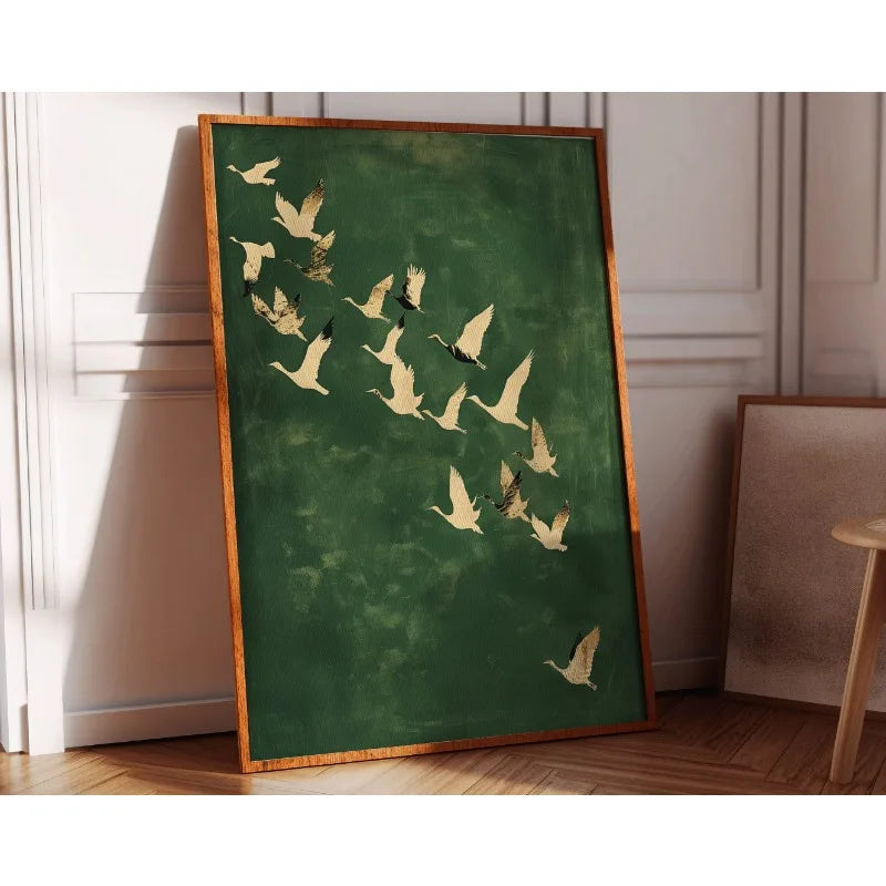 Emerald Green Cranes Poster Gold Accents Japanese Large Bird Artwork Canvas Painting Wall Art for Living Room Home Decor Gift