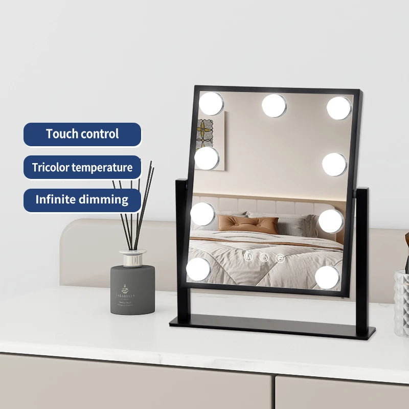 3 Color Lighting 360°Rotation Illuminated Vanity Mirror Hollywood Makeup Mirror with 9 LED Bulbs