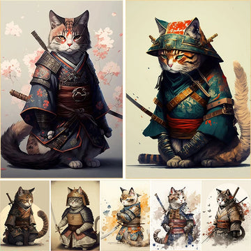 Japanese Cat Samurai Portrait Poster Print Canvas Painting Cute Animal Wall Art Picture For Living Room Home Decor Cuadros