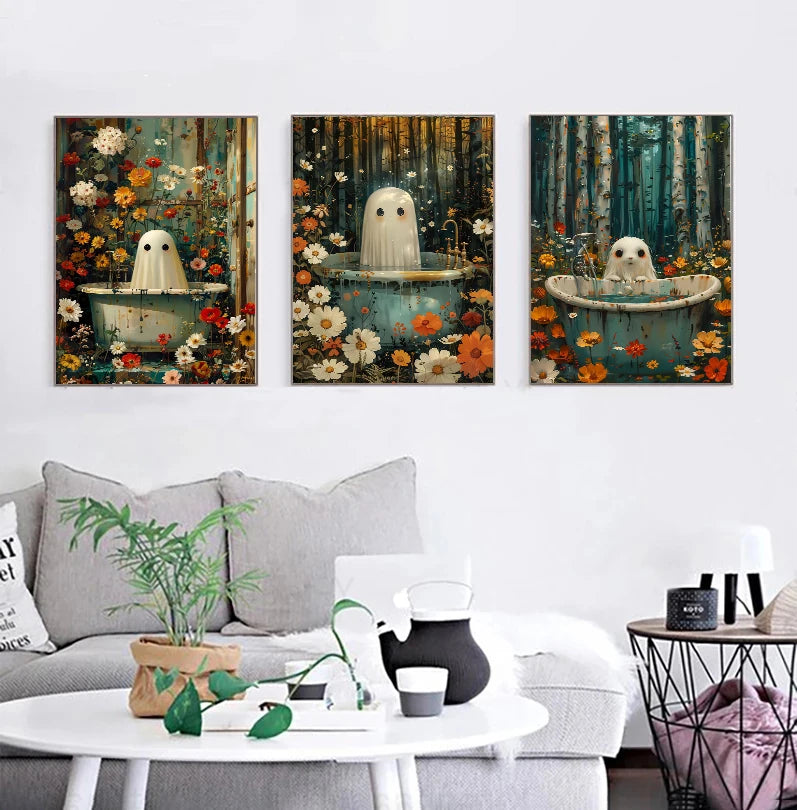 Modern Cute Ghost and Pumpkin Poster Bathtube Ghost Floral Dark Academia Canvas Painting Wall Art for Halloween Room Home Decor