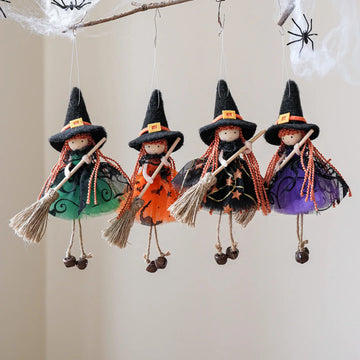 1pcs New Halloween Decoration Mesh Broom Girl Angel Hanging Ornaments Bell Hanging Foot Doll Home Halloween Party Kids Gift 2025