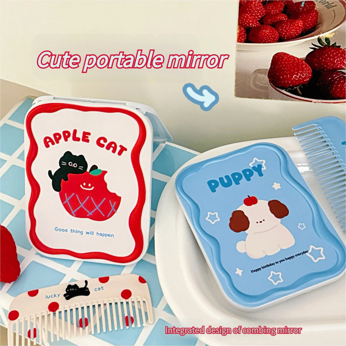 1/4 Pcs Cute little mirror, girl's portable mini makeup mirror, foldable makeup mirror, creative mirror comb