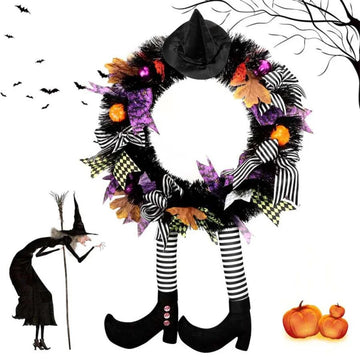 Witch Halloween Wreath Upgrade Version Witch Leg Decoration Front Door Welcome Sign Hanging Halloween Decorations for Home Party