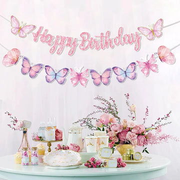 Pink Happy Birthday Banner With Butterfly Dancing Hanging Pendant Garlands Girls Princess 1st Happy Birthday Party Decorations