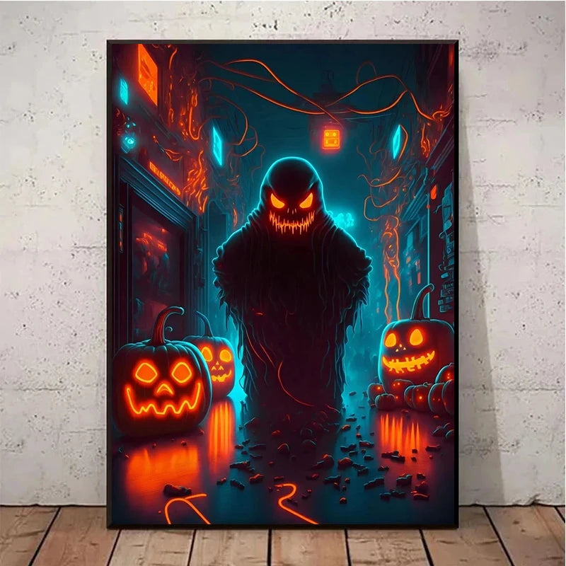 Spooky Neon Halloween Pumpkin House Pumpkin Candles Posters Prints Canvas Printing Wall Art Picture for Cafe Bar Room Home Decor