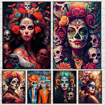 Day of The Dead Flowers and Beauty Skull Posters Prints Woman Halloween Canvas Painting Abstract Wall Art Picture Decoration
