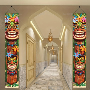1 Pair Tiki Totem Welcome Porch Banner Hawaiian Luau Party Decoration Supplies Indoor Outdoor Wall Hanging Decor Banner Sign
