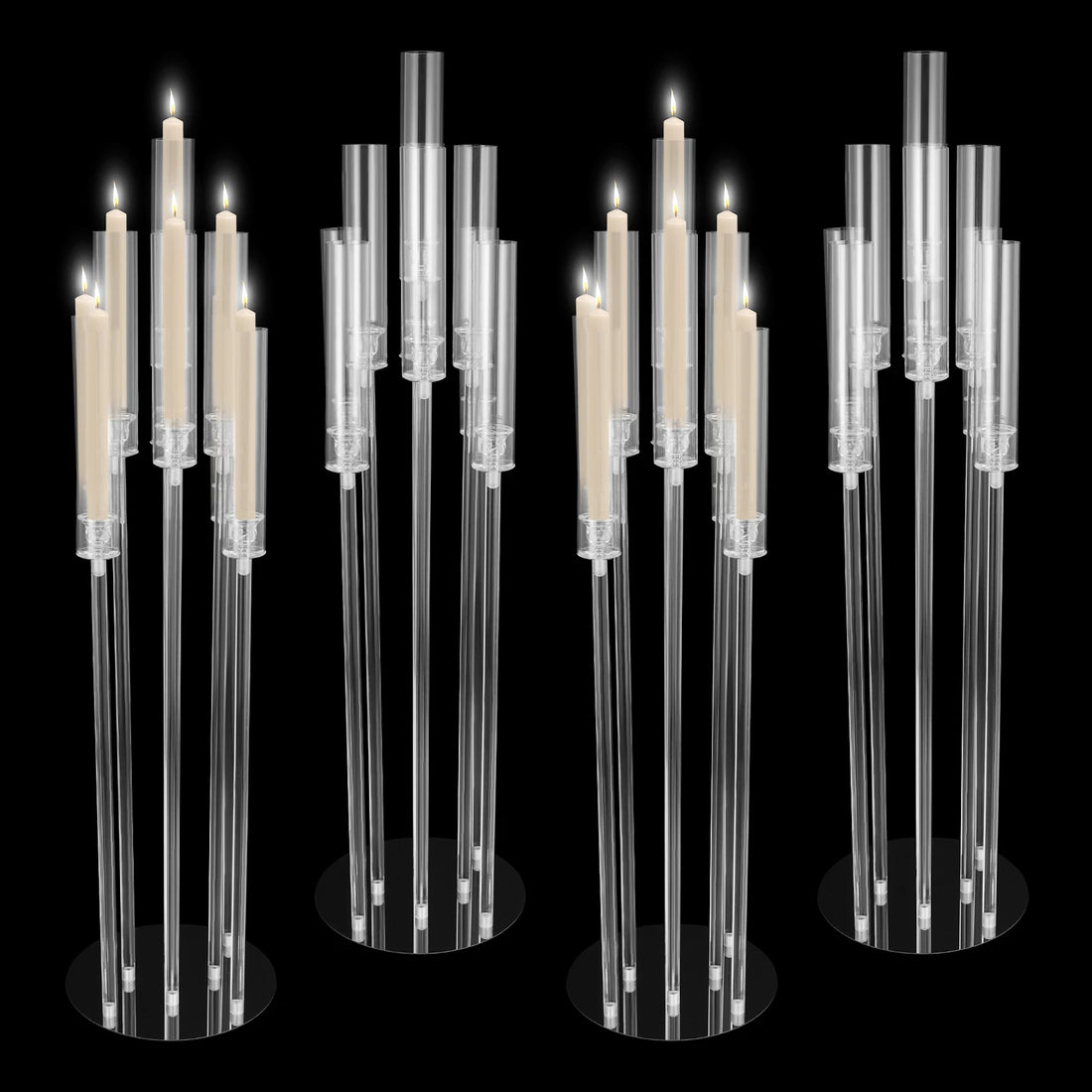 Modern Acrylic Candle Holder Set of 4, 9-Cup LED Candle Centerpiece for Table, Romantic Wedding Home Decor, Tall Crystal Clear