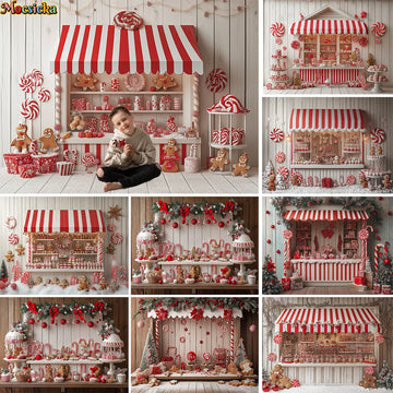 Christmas Candy Cane Shop Background Photography Red White Striped Store Backdrop Decor Sweet Girls Kids Birthday Photo Studio