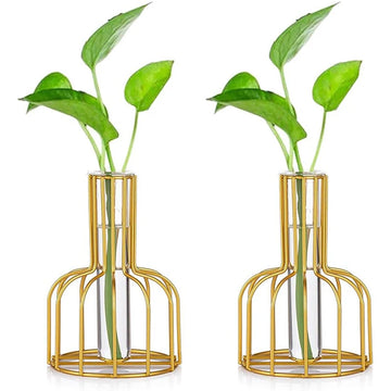 1 Set Golden Vase Metal Flowers Pot Hydroponic Container Test Tube Vase Modern Luxurious Home Desk Decoration Alloy Glass Vases