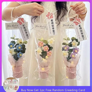 Crochet Flower Bouquet Teacher's Day Gifts with LED Light String Hand Knitted Flowers Graduation Artificial Flowers Decor
