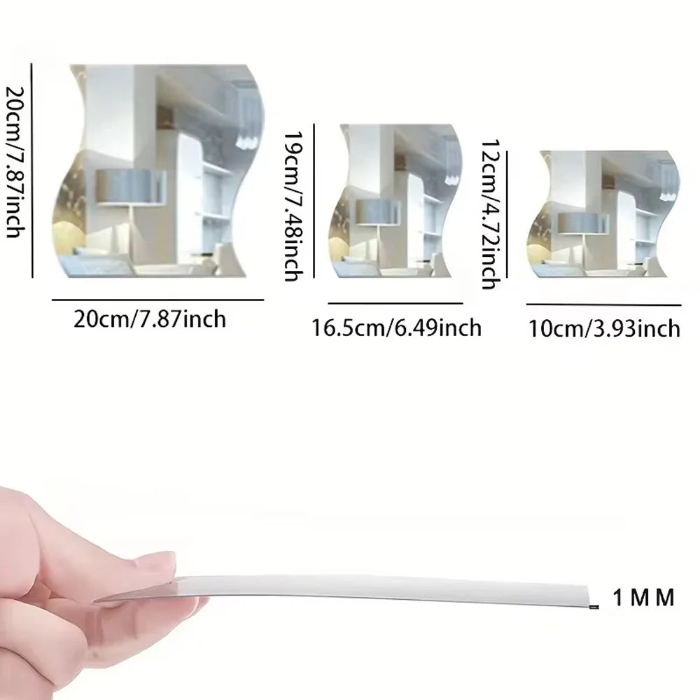 6pcs of 3D wave mirror wall stickers, detachable acrylic DIY decorative mirrors, living room entrance, bedroom bathroom stickers