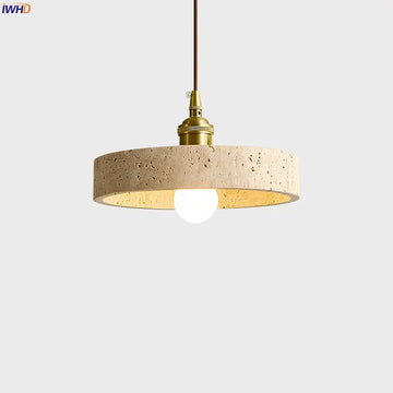 IWHD Japanese Vintage LED Hanging Lamps Yellow Travertine Bedroom Dining Room Table Lighting Interior Pendant Light Hanglampen