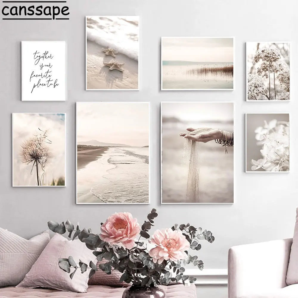 Beige Scenery Canvas Painting Reed Dandelion Flower Wall Pictures Sea Beach Sand Hand Wall Art Nordic Posters Living Room Decor